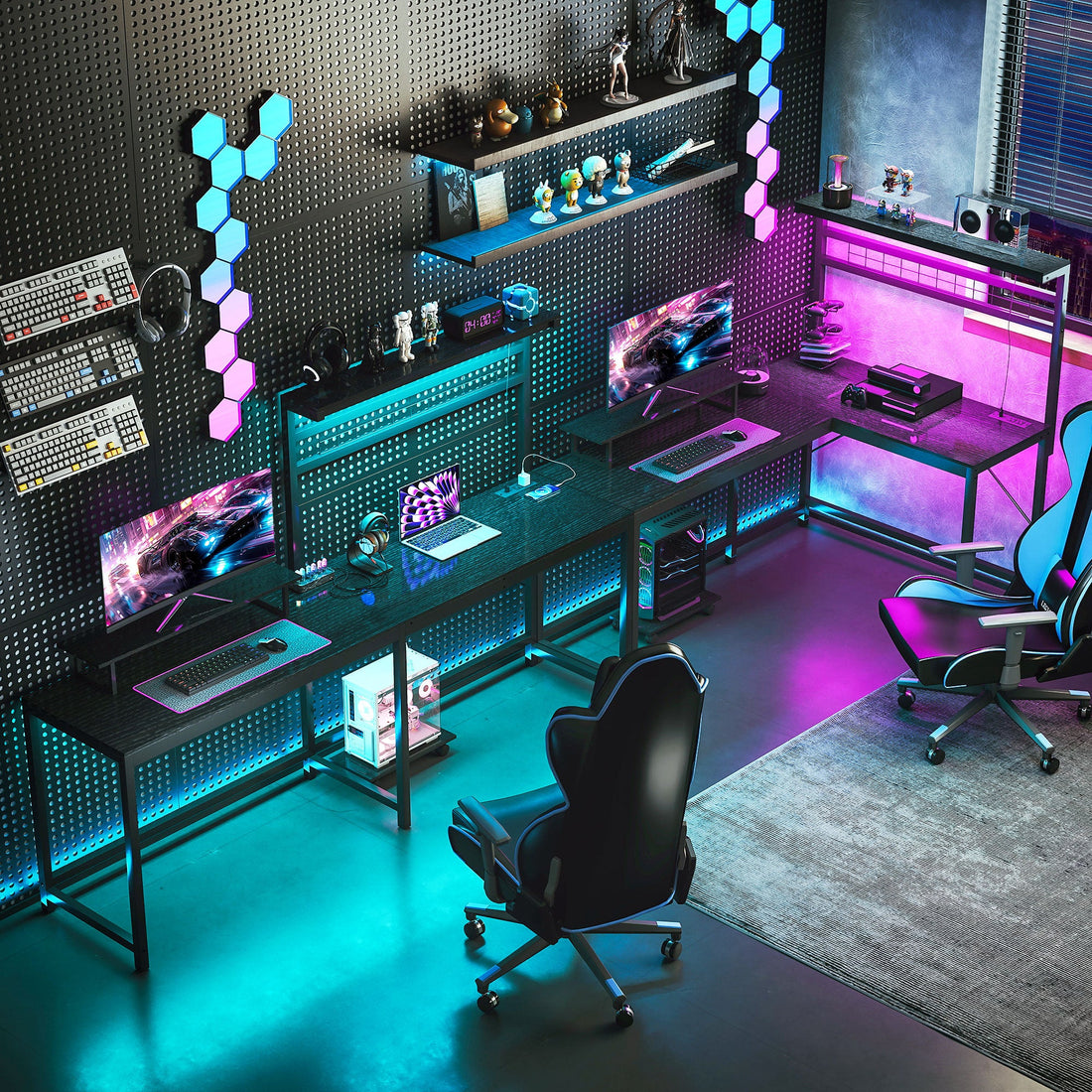L-shaped RGB gaming desk with LED lighting and monitor stand