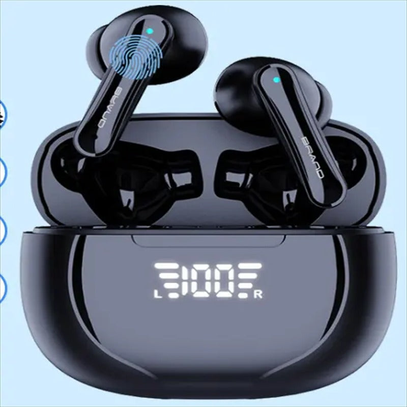 Compact wireless headphones worn view