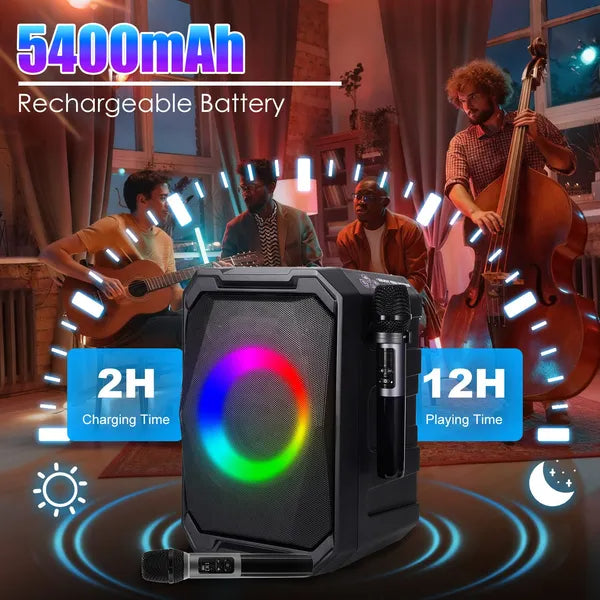 Portable Party Speaker with LED Lights and 2 Wireless Microphones
