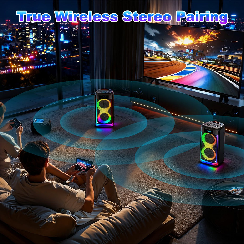 Portable Party Speaker with LED Lights and Wireless Microphone