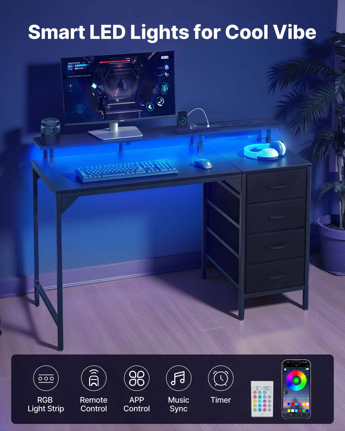 47 inch computer desk RGB lighting in dark room
