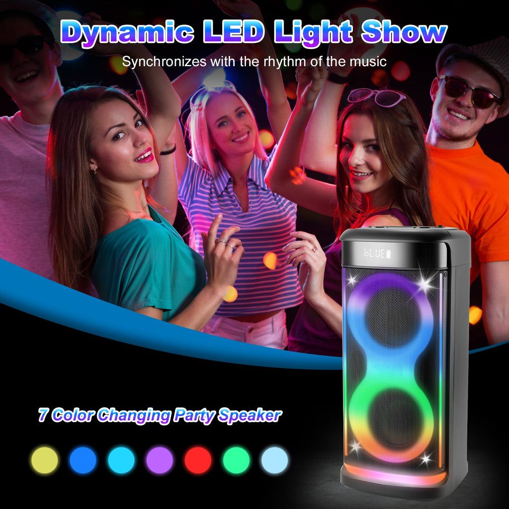 Portable Party Speaker with LED Lights and Wireless Microphone