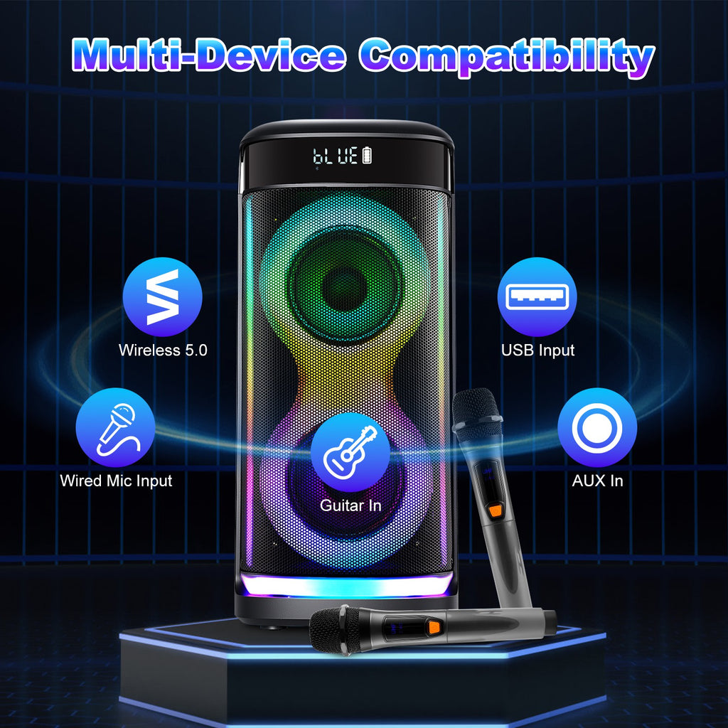 Portable Party Speaker with LED Lights and Wireless Microphone