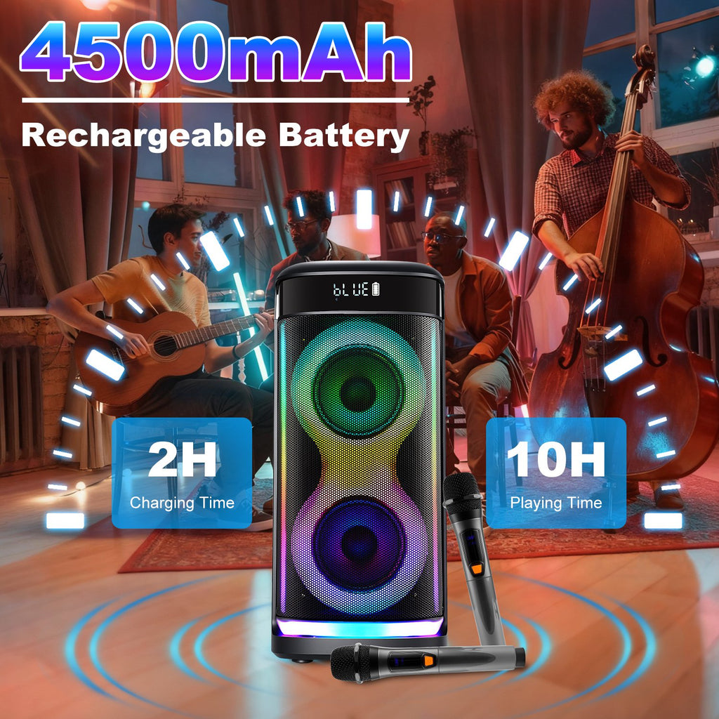 Portable Party Speaker with LED Lights and Wireless Microphone