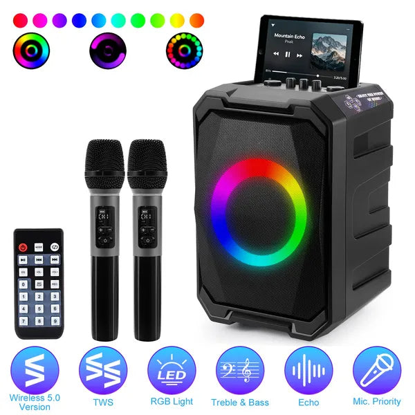 Portable Party Speaker with LED Lights and 2 Wireless Microphones