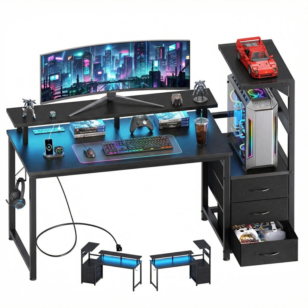 Gaming desk storage drawers open