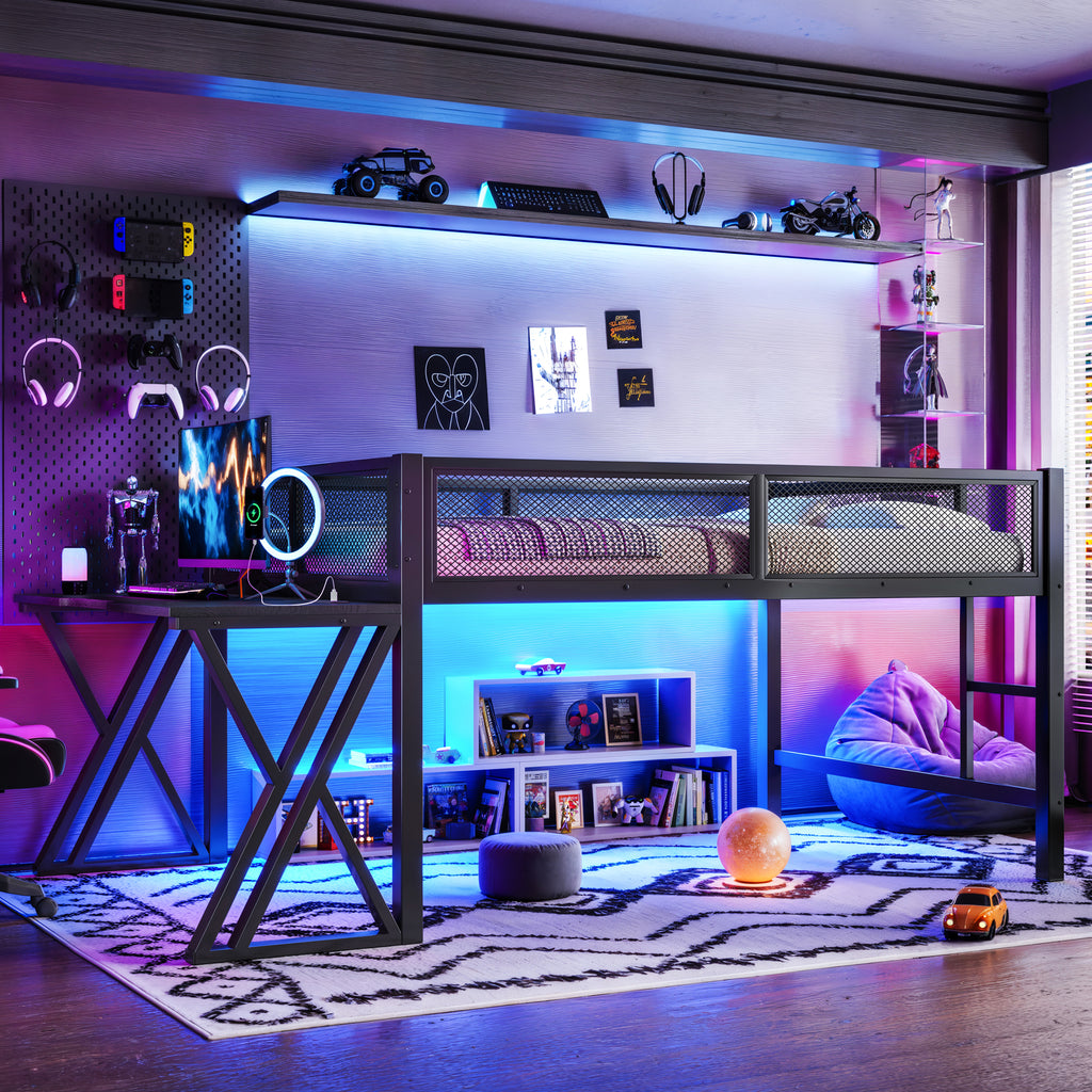 Loft bed with built-in gaming desk underneath