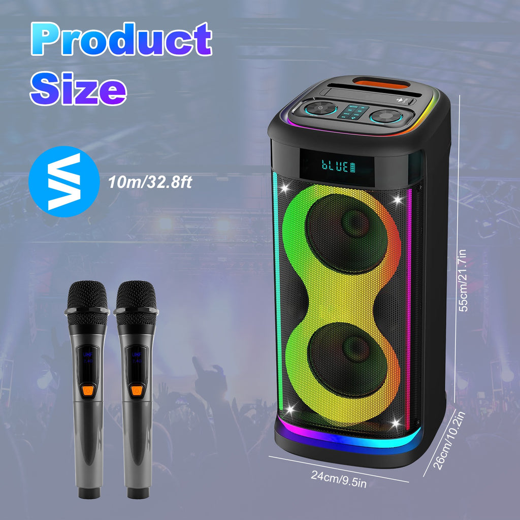 Portable Party Speaker with LED Lights and Wireless Microphone