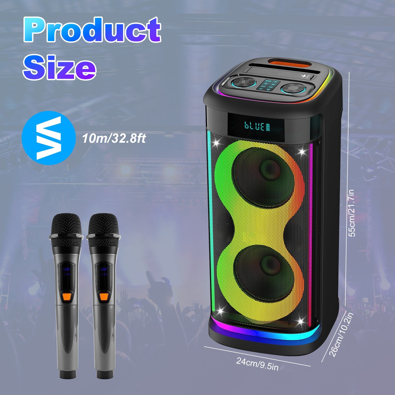 Portable Party Speaker with LED Lights and Wireless Microphone