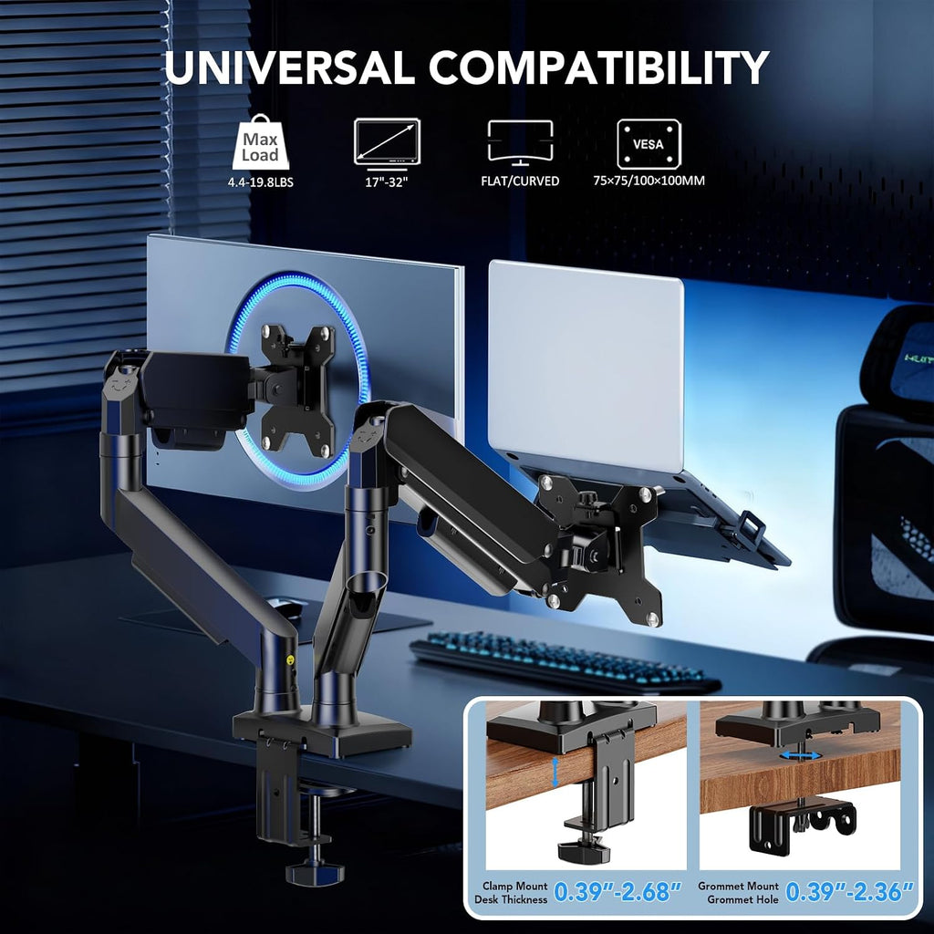 Dual Monitor Stand – Adjustable Desk Mount for 17–32" Screens, Full Motion VESA