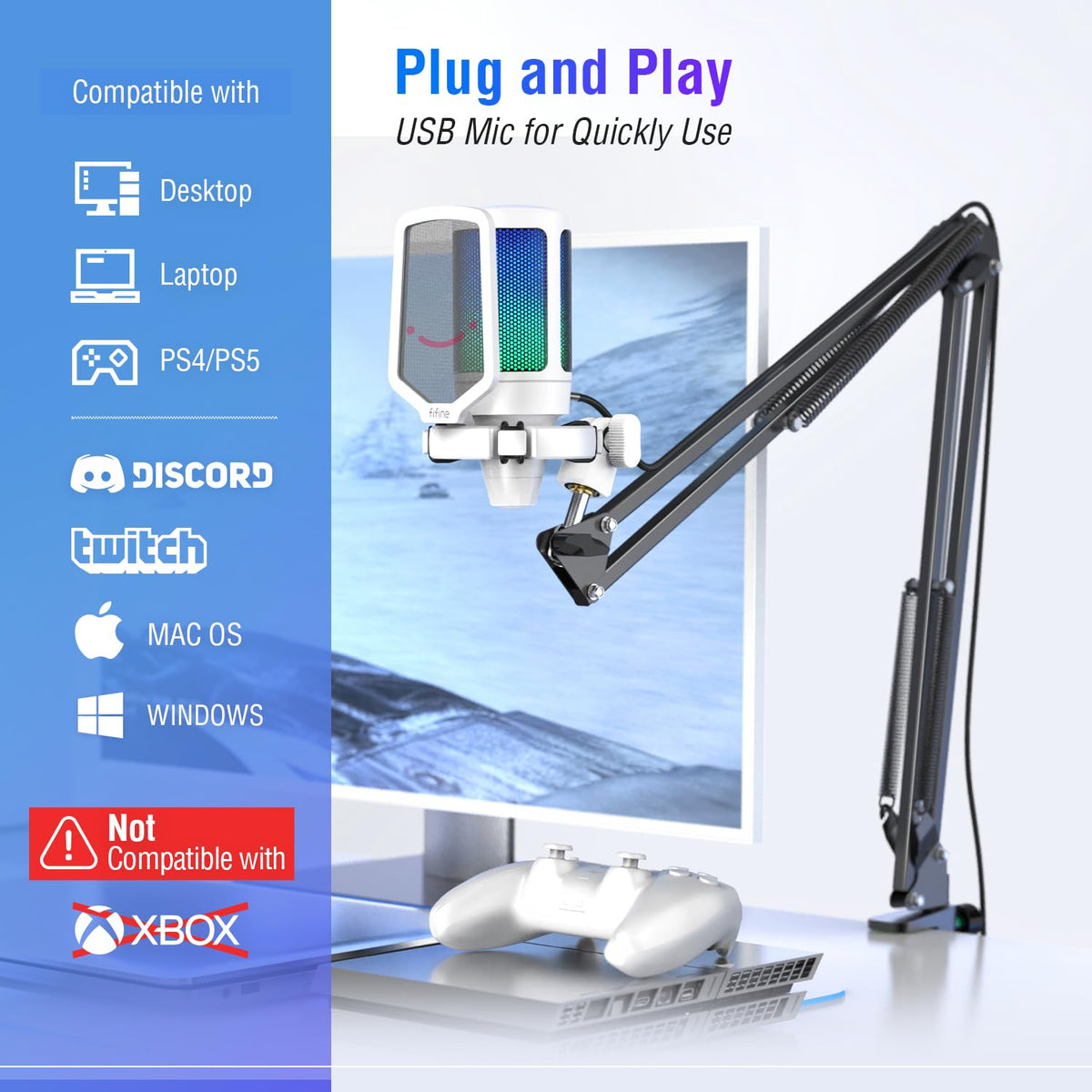 FIFINE AmpliGame A6T USB Gaming Microphone Kit, Condenser Mic for Streaming