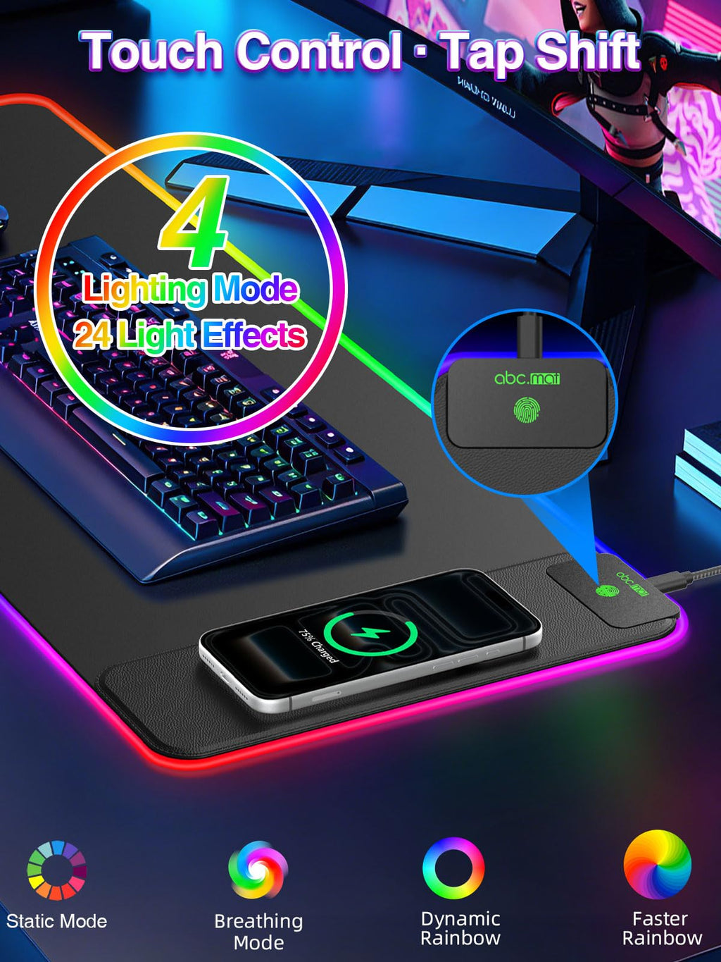 XXL RGB LED Gaming Mouse Pad – Wireless Charger, Phone Holder & 25 Lighting Effects