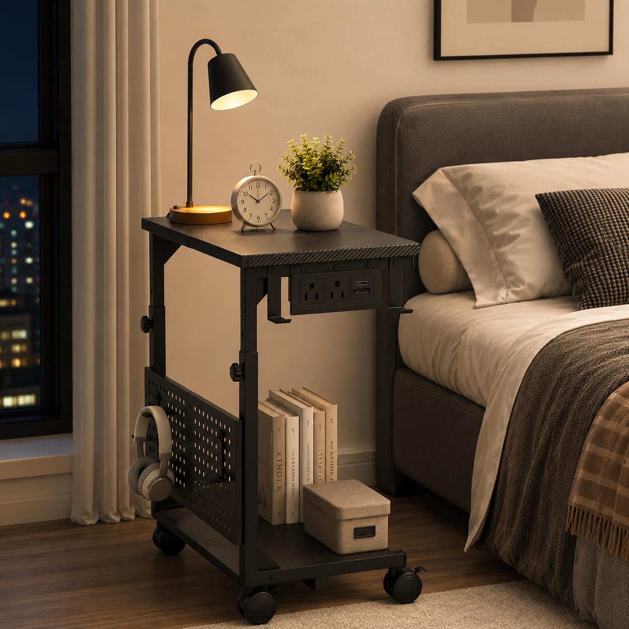 Adjustable PC Tower Stand – Computer Holder with Charging Station & Pegboard Organizer