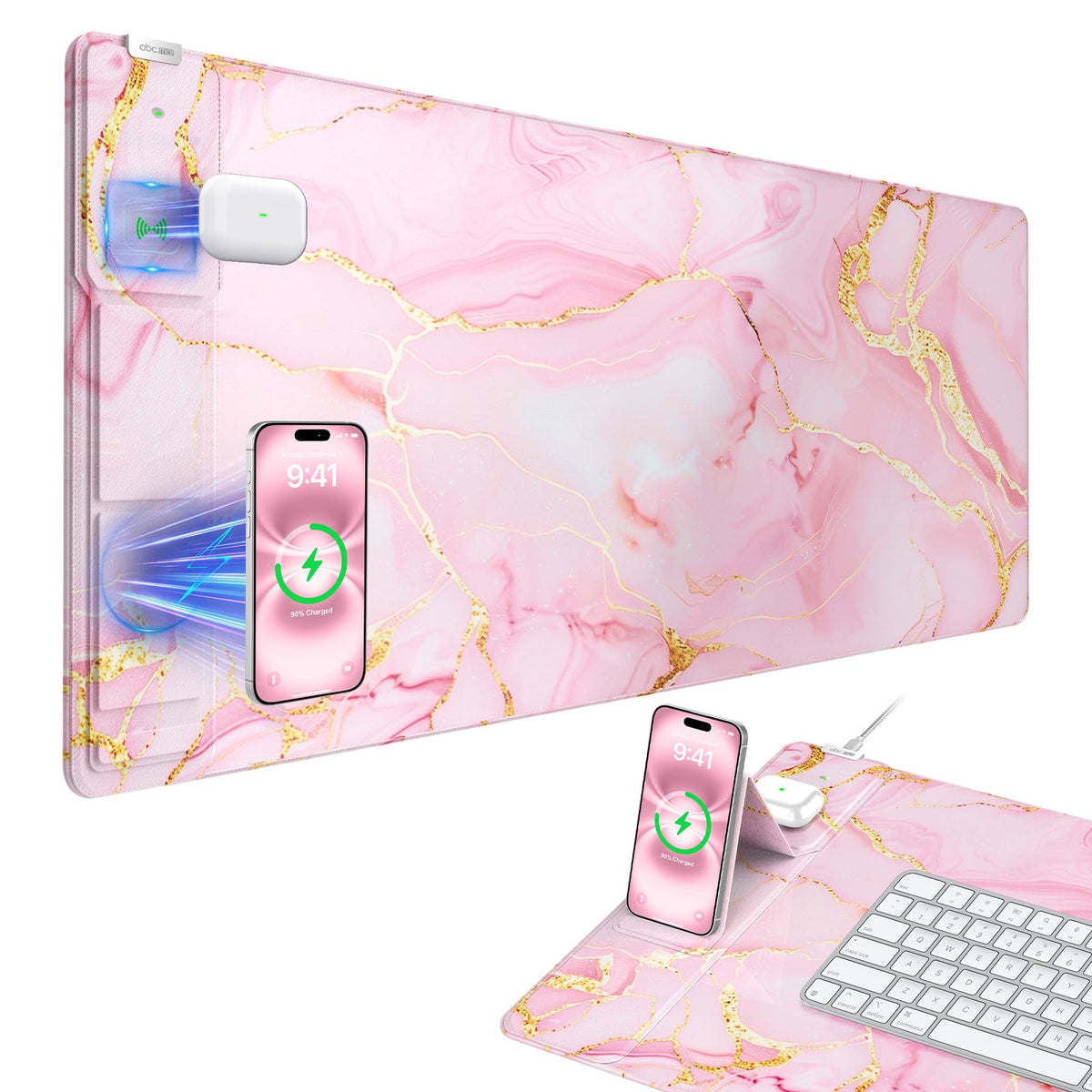 Wireless charger pad charging phone on desk mat