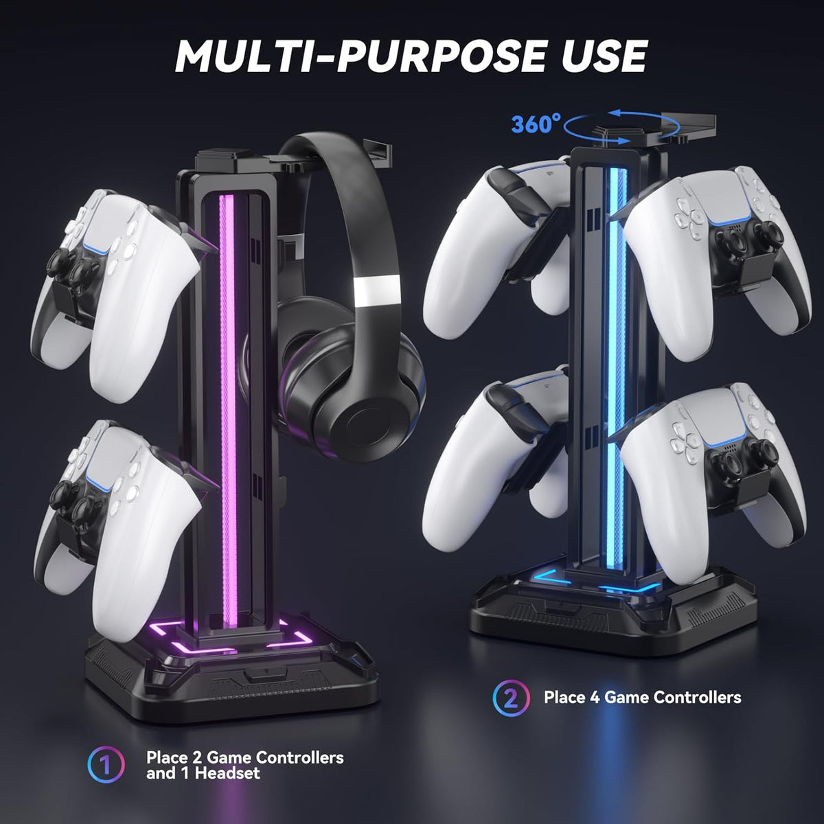 RGB Headset Stand – 9 Light Modes, Rotatable Headphone Holder with Controller Hook
