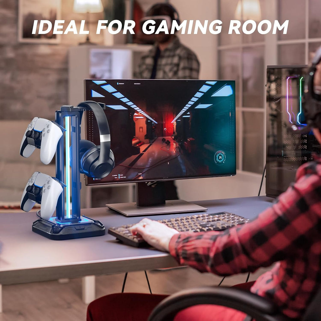 RGB Headset Stand – 9 Light Modes, Rotatable Headphone Holder with Controller Hook