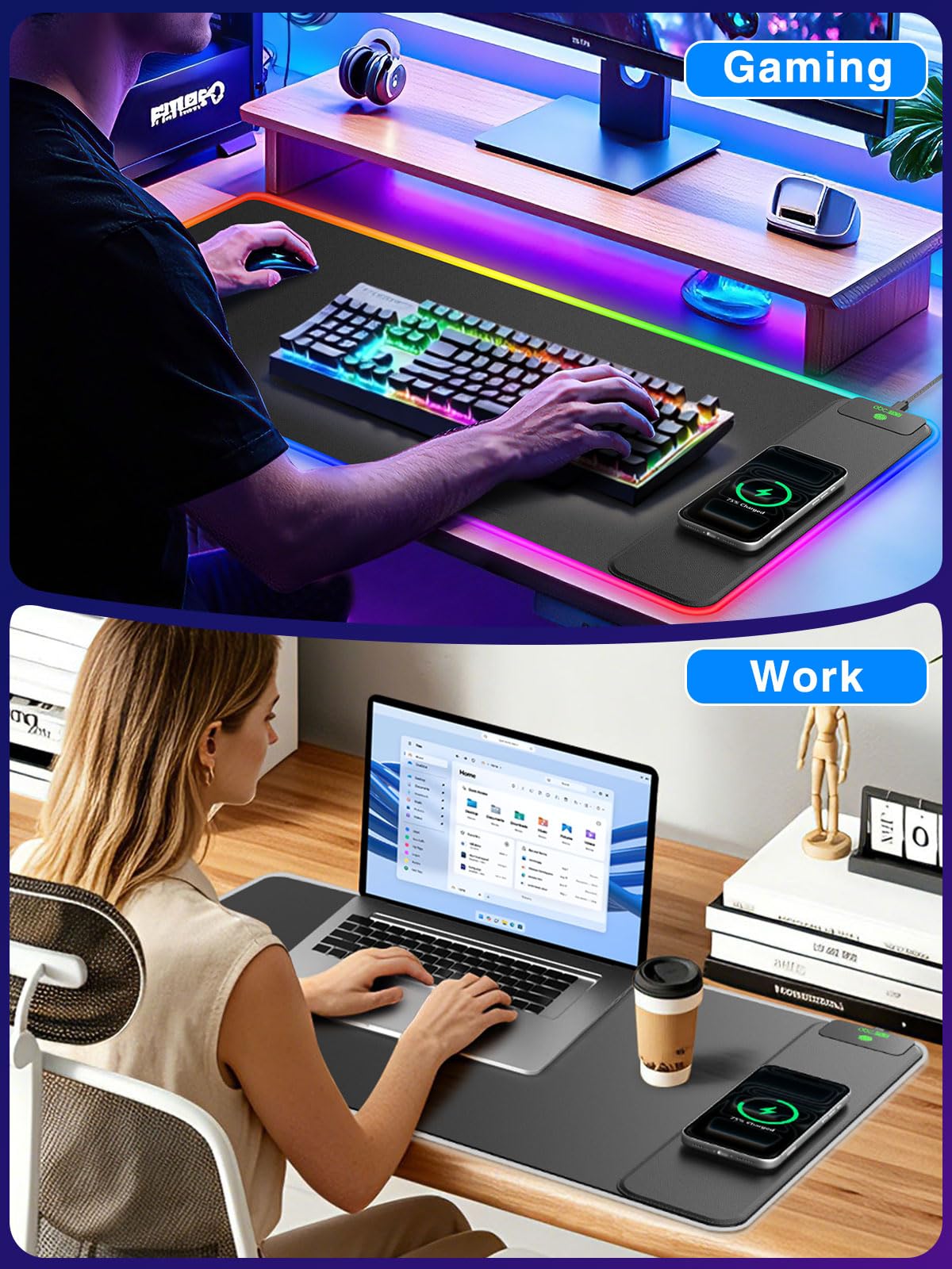 XXL RGB LED Gaming Mouse Pad – Wireless Charger, Phone Holder & 25 Lighting Effects