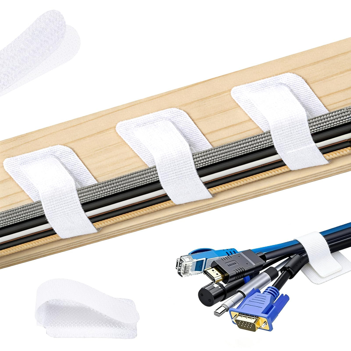Black cable straps bundling desk cords
