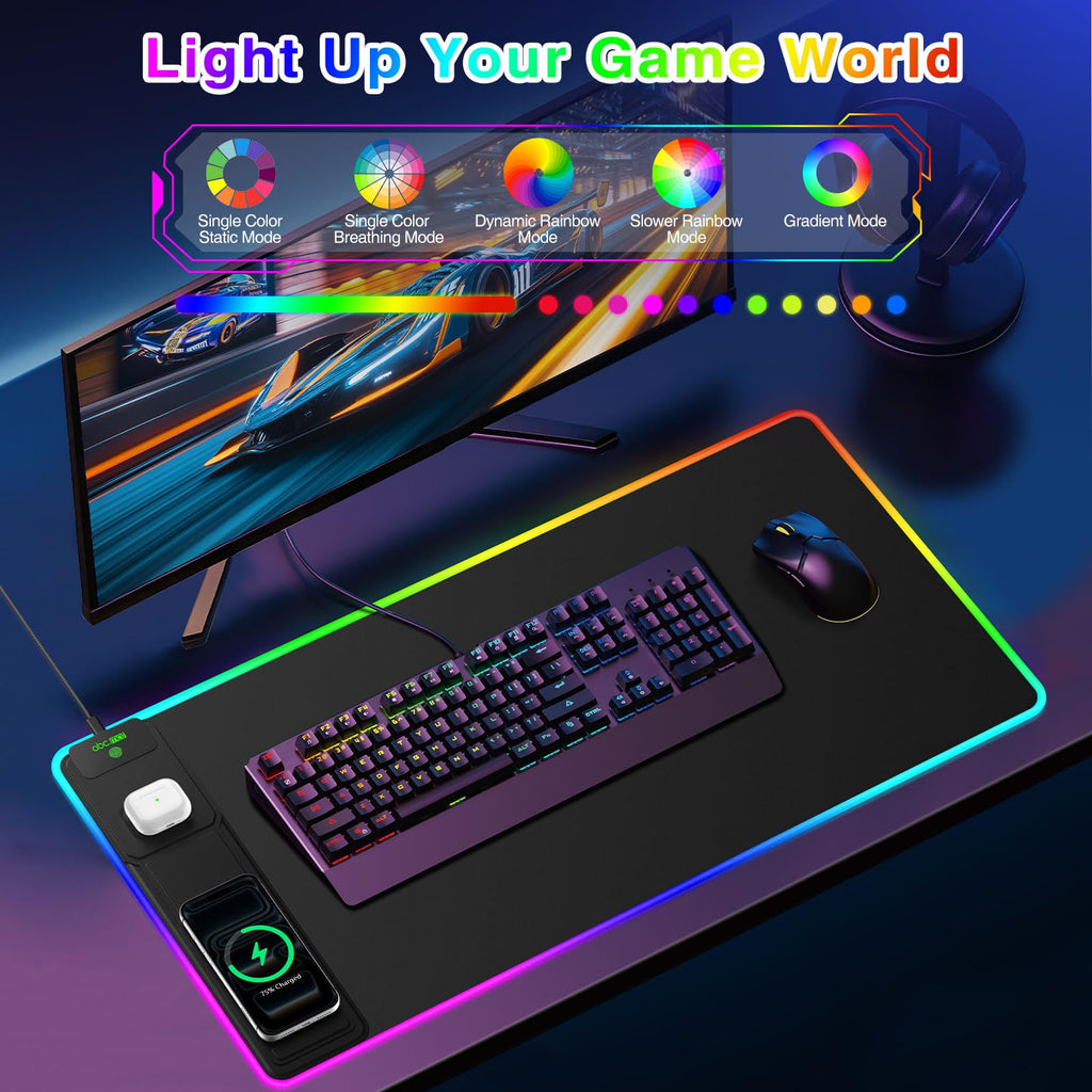 XXL RGB LED Gaming Mouse Pad – Wireless Charger, Phone Holder & 25 Lighting Effects