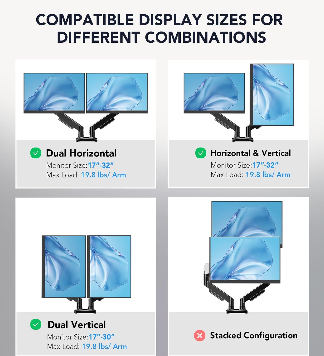 Dual Monitor Stand – Adjustable Desk Mount for 17–32" Screens, Full Motion VESA