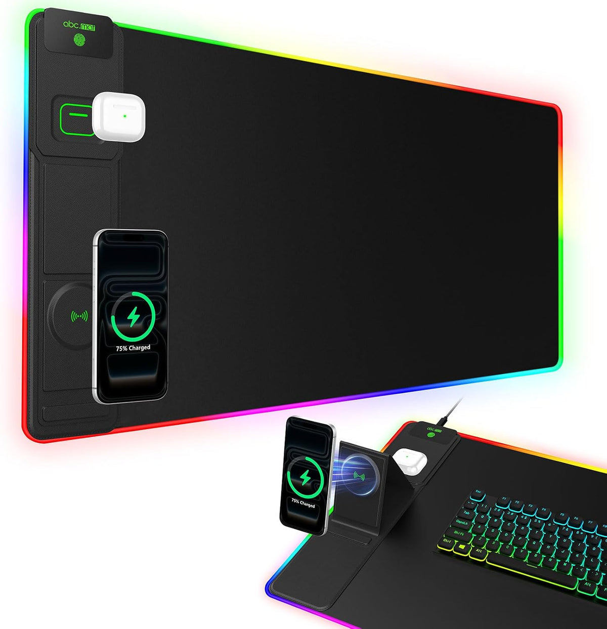 XXL RGB LED gaming mouse pad with wireless charger and phone holder