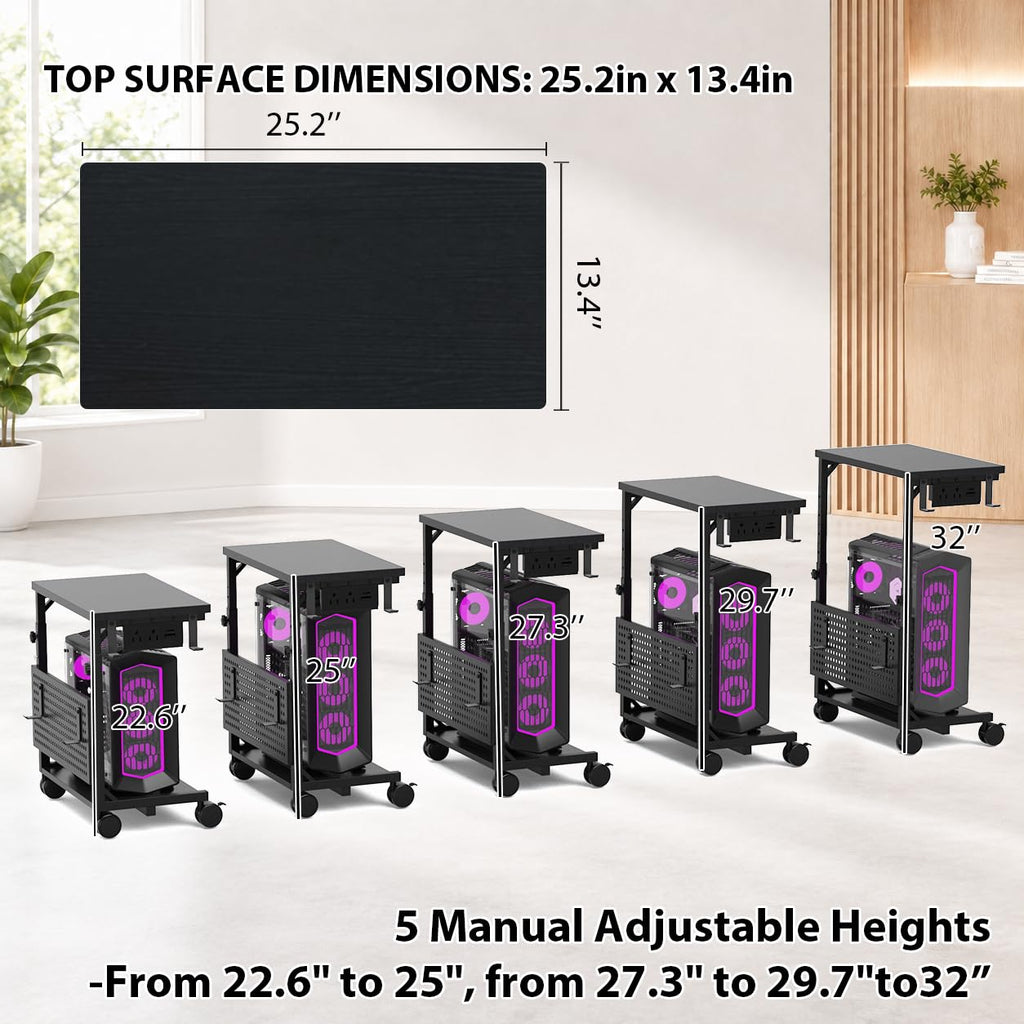 Adjustable PC Tower Stand – Computer Holder with Charging Station & Pegboard Organizer