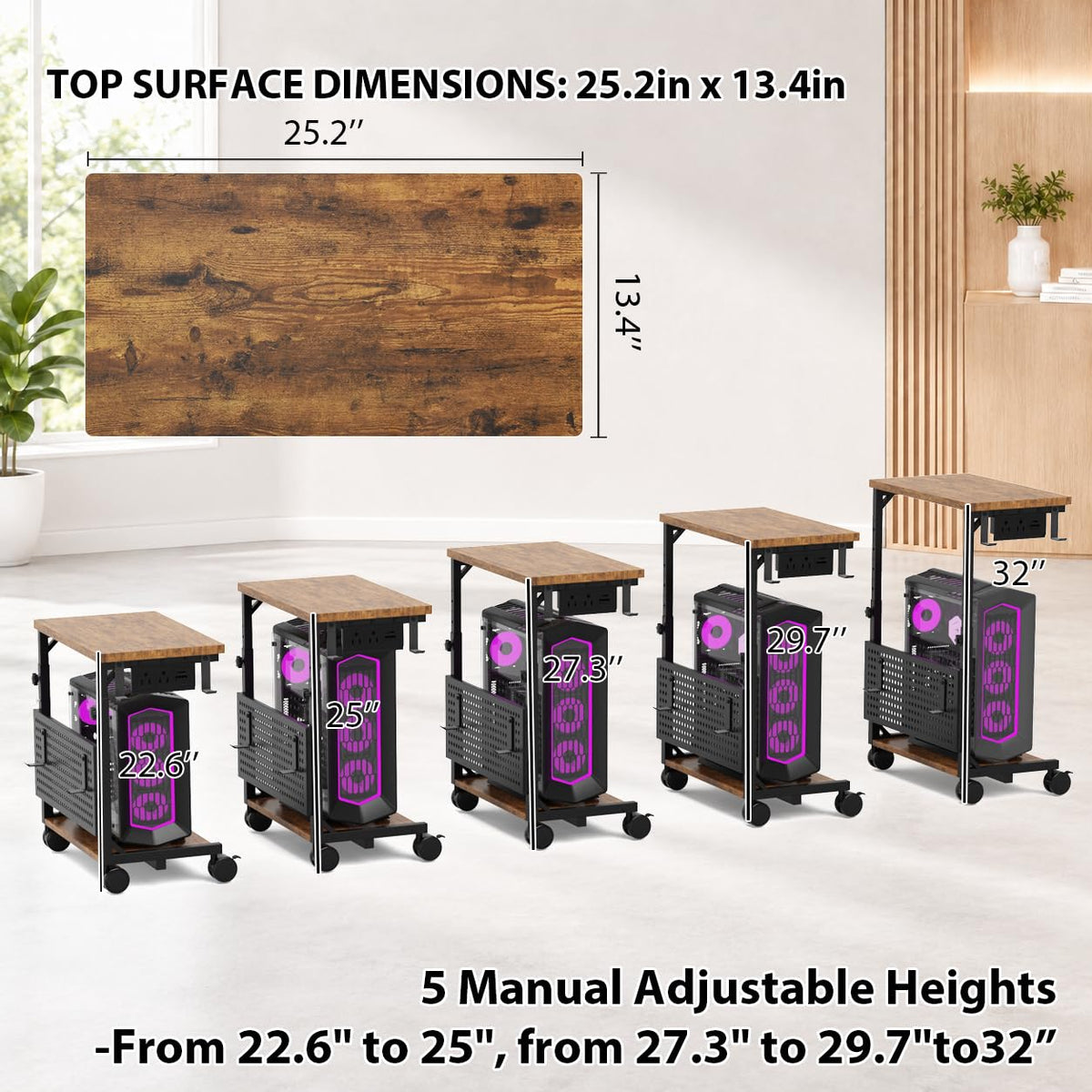 Adjustable PC Tower Stand – Computer Holder with Charging Station & Pegboard Organizer