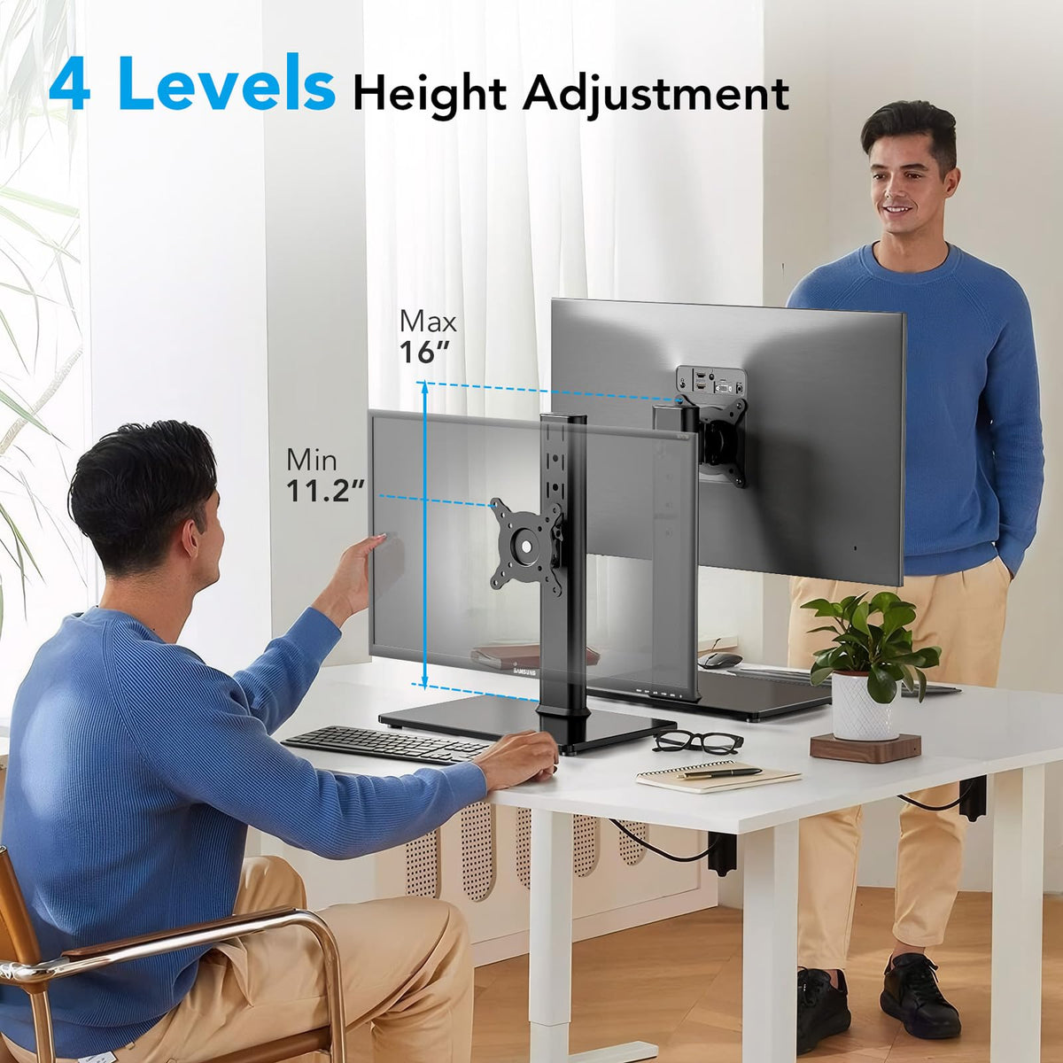 Dual monitor setup on adjustable arm mount