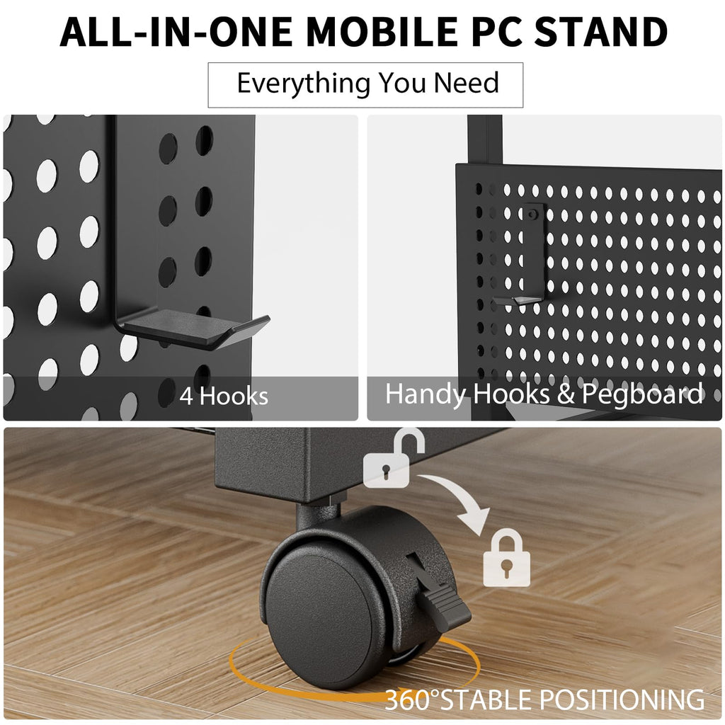 Adjustable PC Tower Stand – Computer Holder with Charging Station & Pegboard Organizer