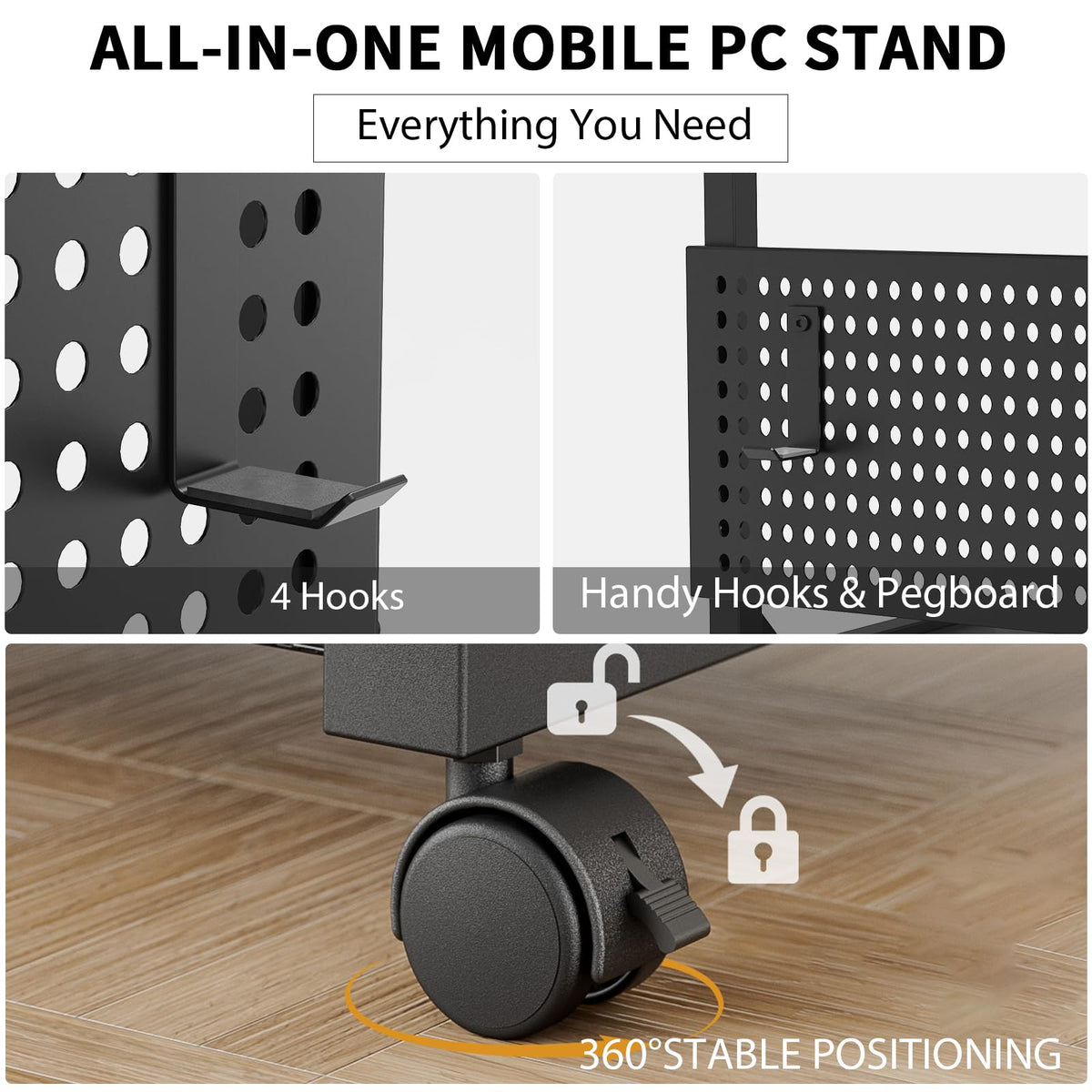 Adjustable PC Tower Stand – Computer Holder with Charging Station & Pegboard Organizer