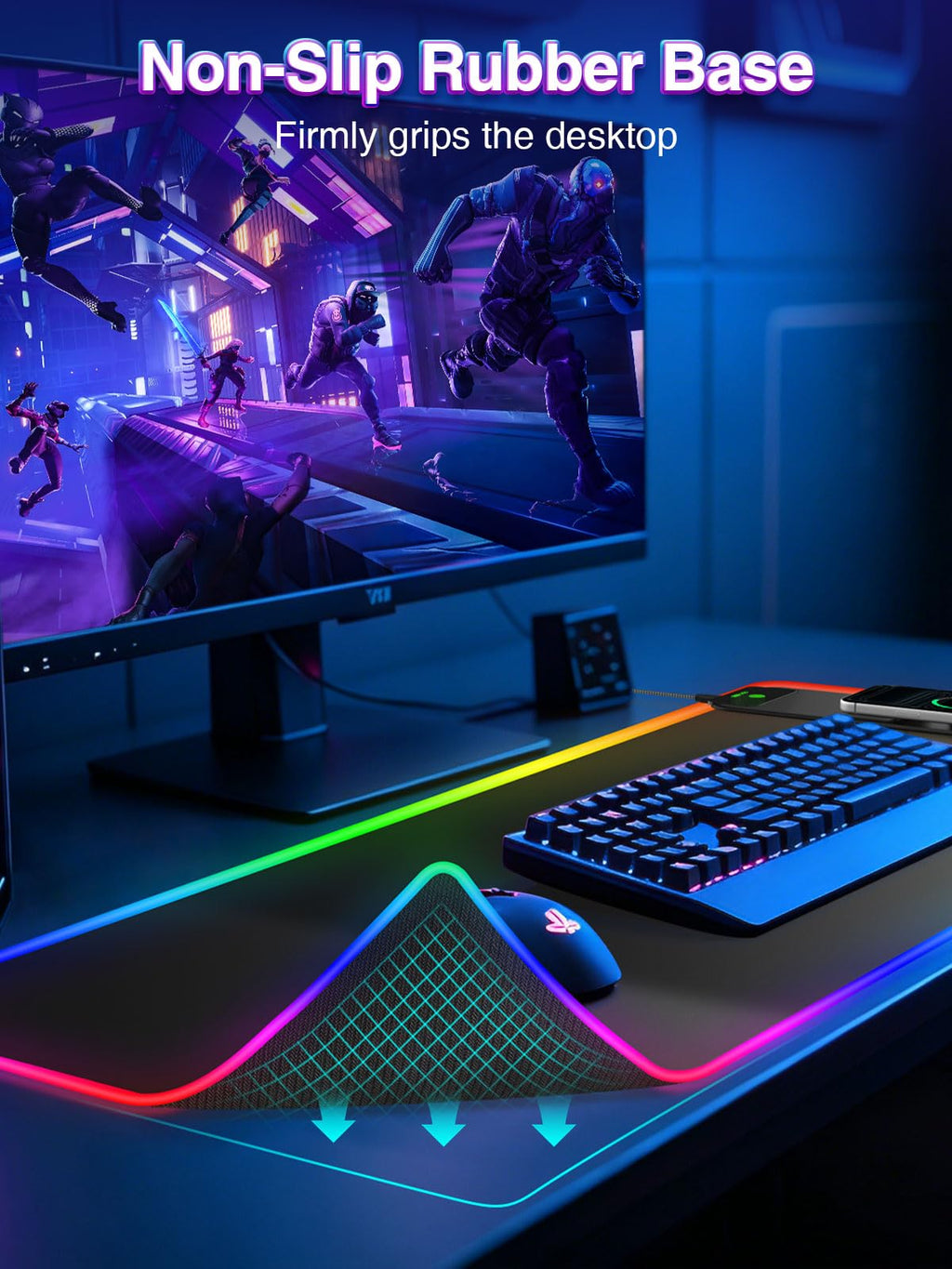 XXL RGB LED Gaming Mouse Pad – Wireless Charger, Phone Holder & 25 Lighting Effects