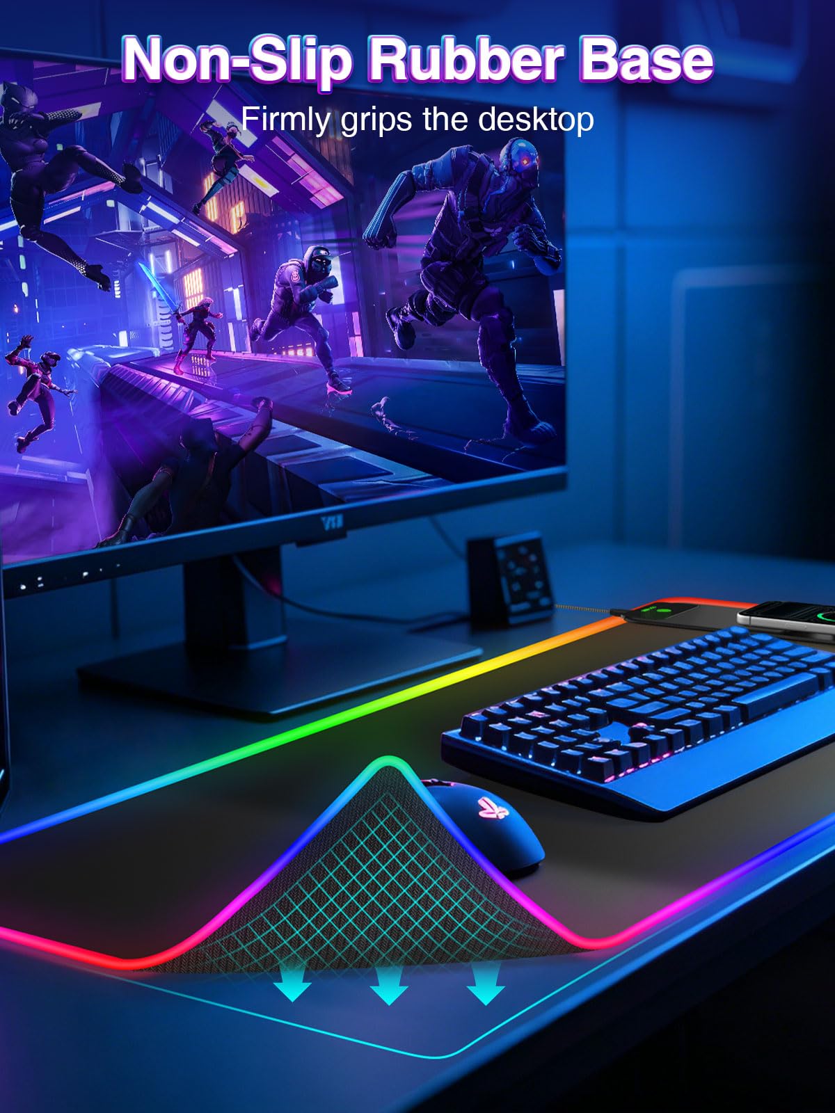 XXL RGB LED Gaming Mouse Pad – Wireless Charger, Phone Holder & 25 Lighting Effects