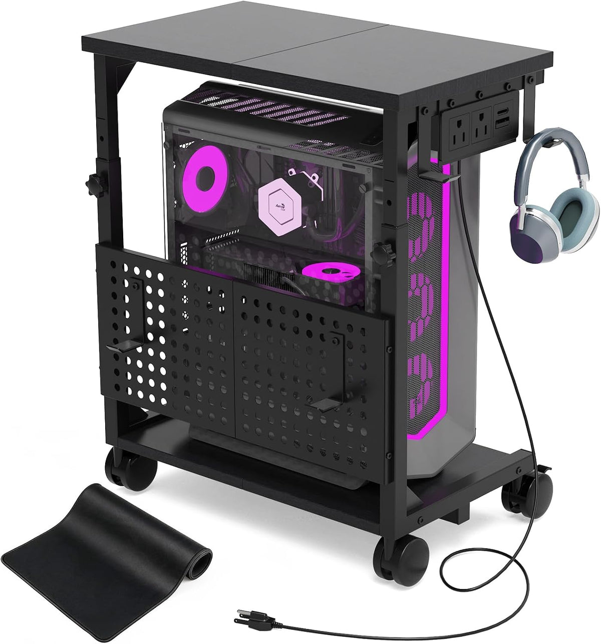 Adjustable PC tower stand with charging station and pegboard organizer