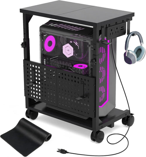 Adjustable PC tower stand with charging station and pegboard organizer