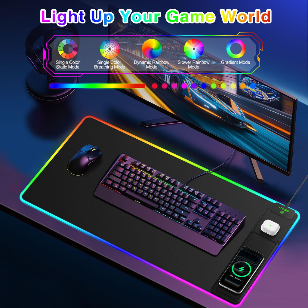 XXL RGB LED Gaming Mouse Pad – Wireless Charger, Phone Holder & 25 Lighting Effects