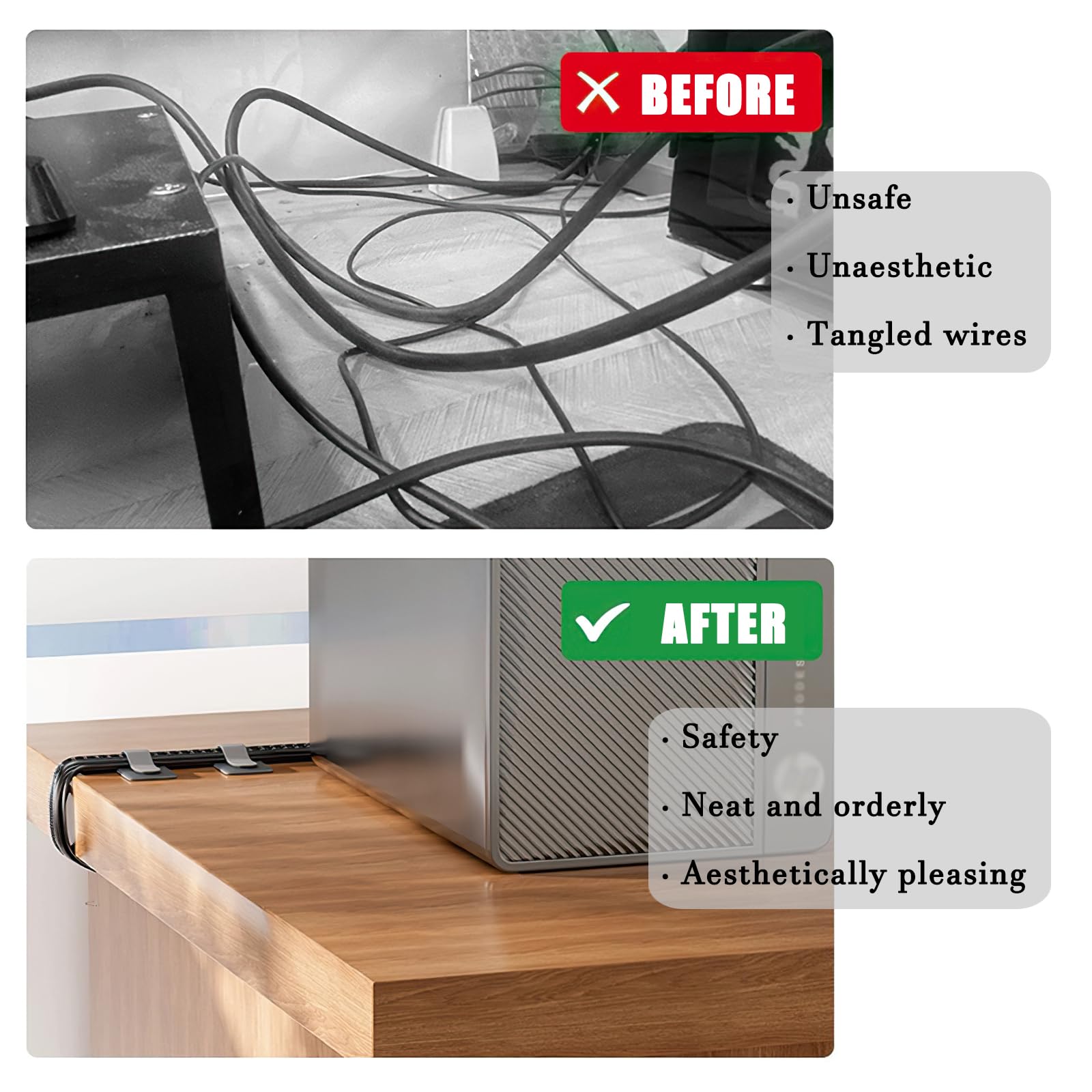 80-Pack Hook & Loop Cable Ties – Under Desk Cable Management Straps, Black & White