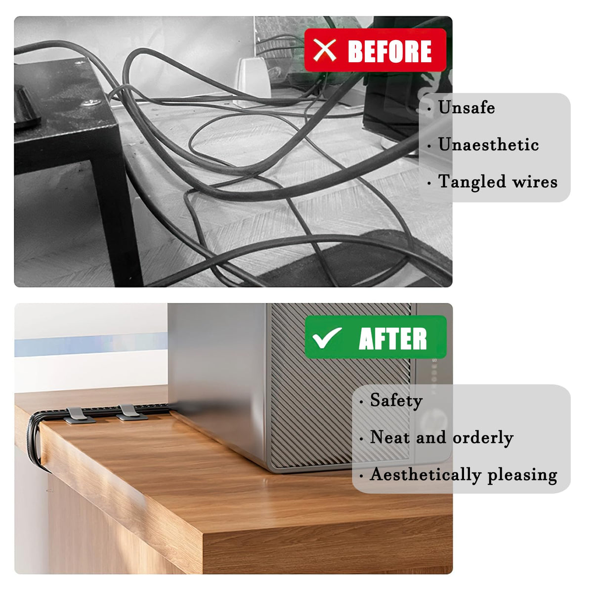 80-Pack Hook & Loop Cable Ties – Under Desk Cable Management Straps, Black & White