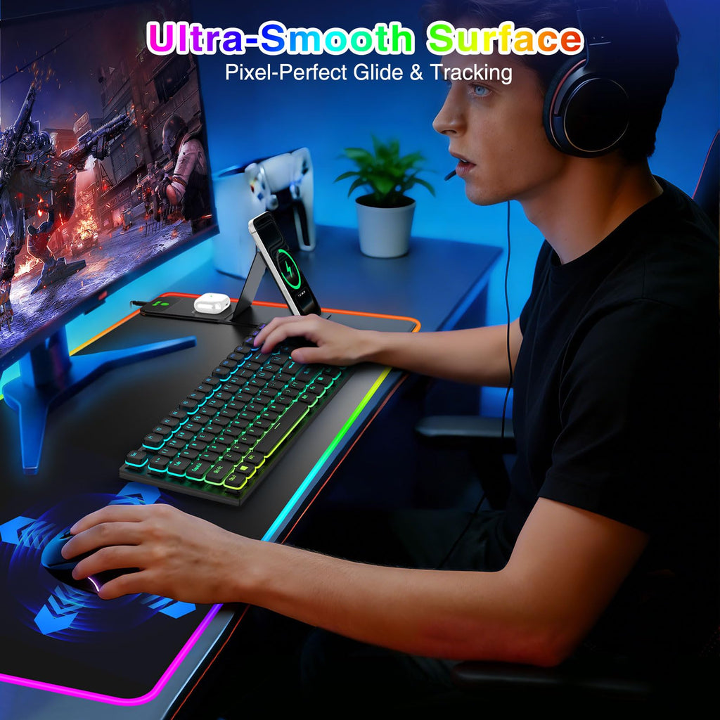 XXL RGB LED Gaming Mouse Pad – Wireless Charger, Phone Holder & 25 Lighting Effects