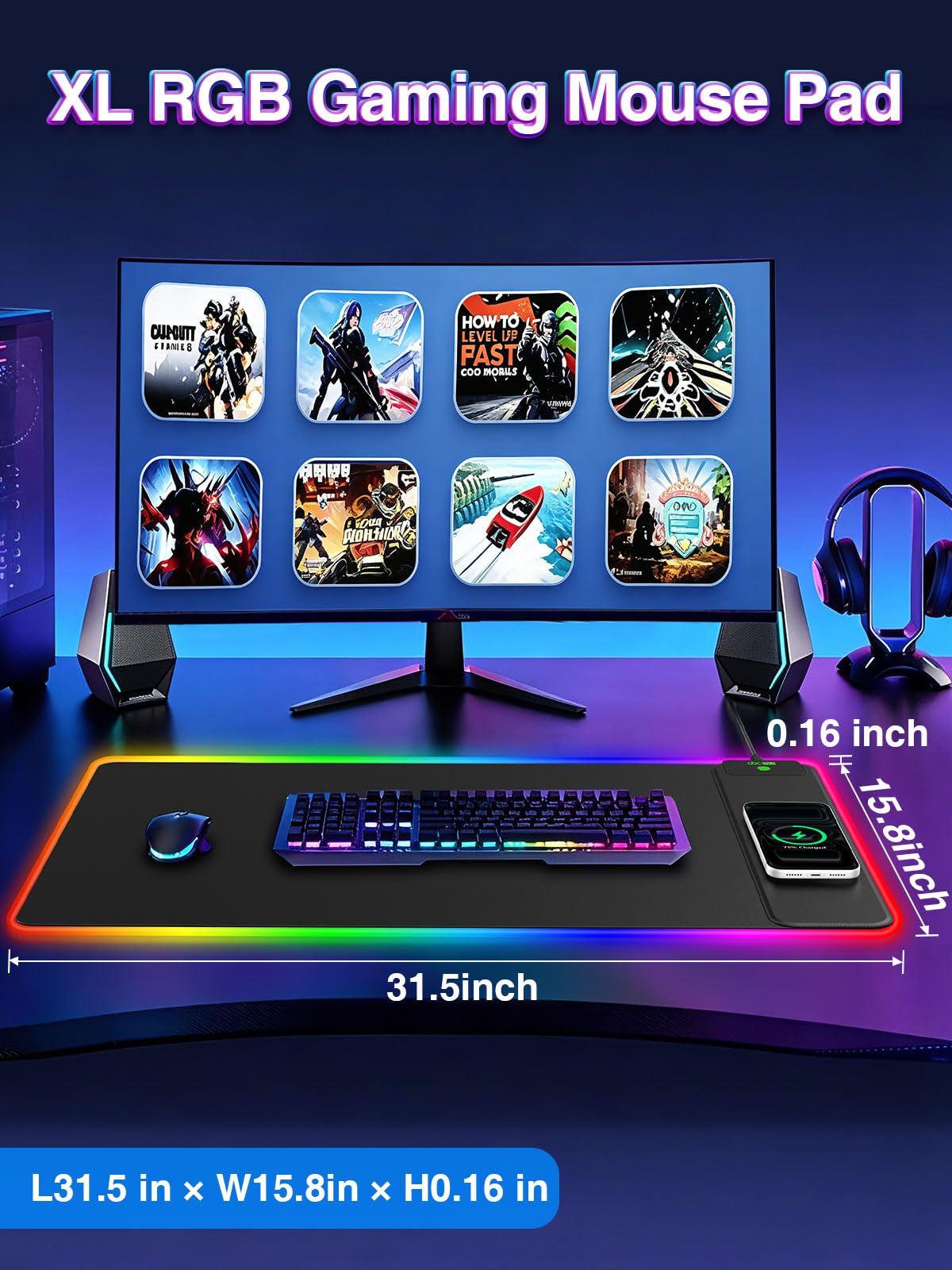 XXL RGB LED Gaming Mouse Pad – Wireless Charger, Phone Holder & 25 Lighting Effects
