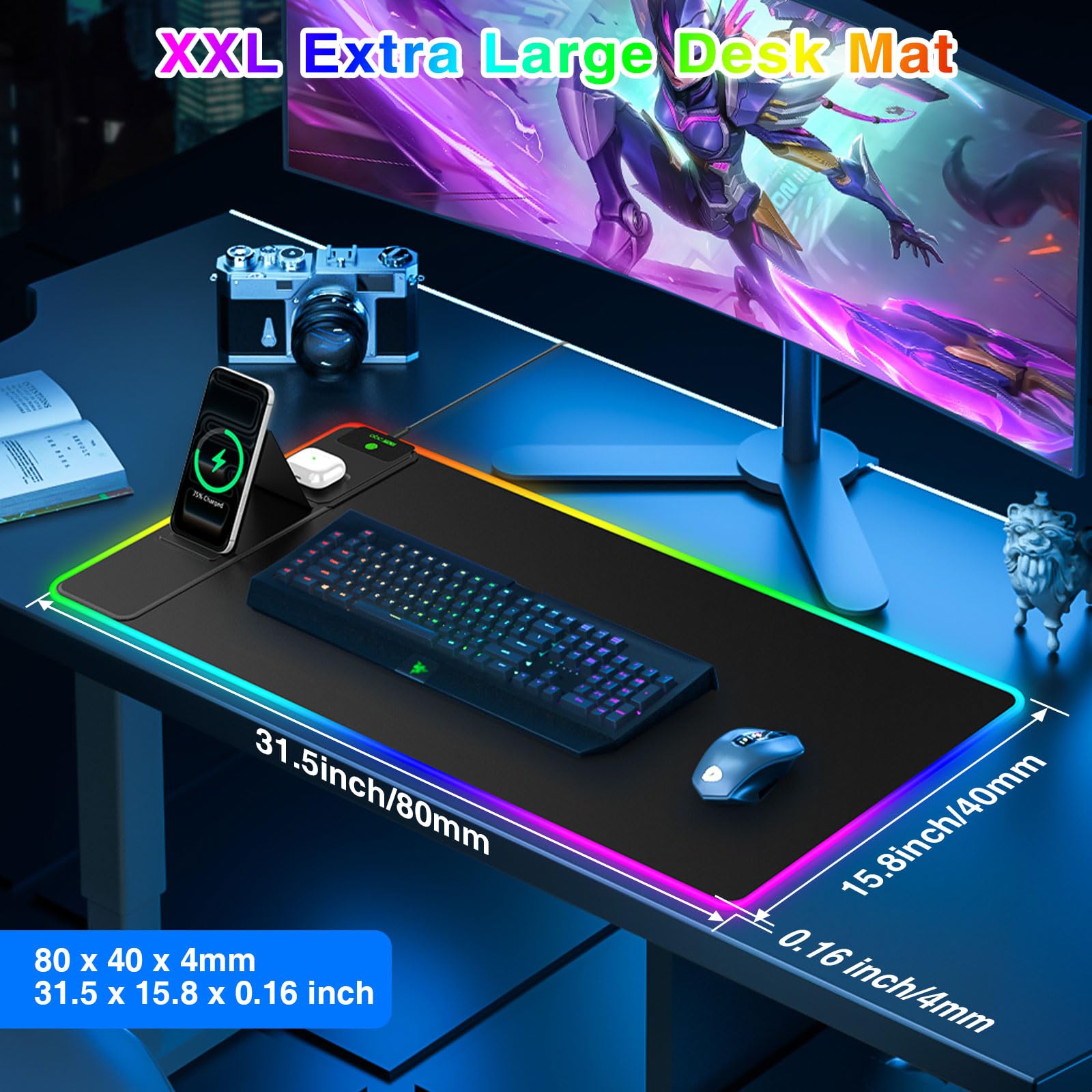 XXL RGB LED Gaming Mouse Pad – Wireless Charger, Phone Holder & 25 Lighting Effects