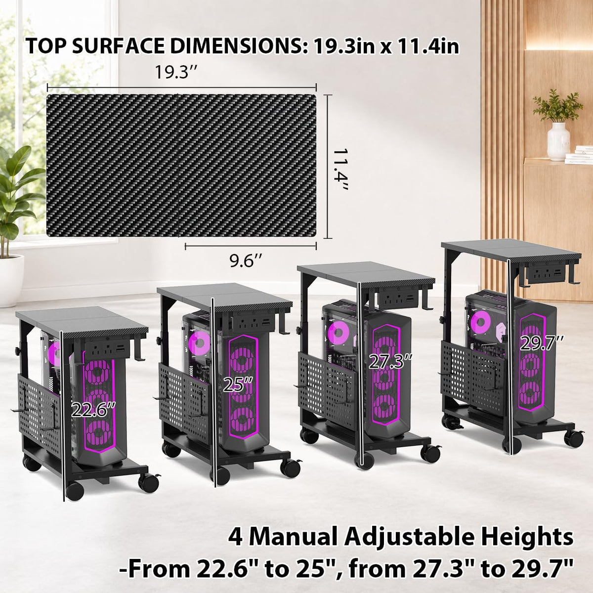 Adjustable PC Tower Stand – Computer Holder with Charging Station & Pegboard Organizer