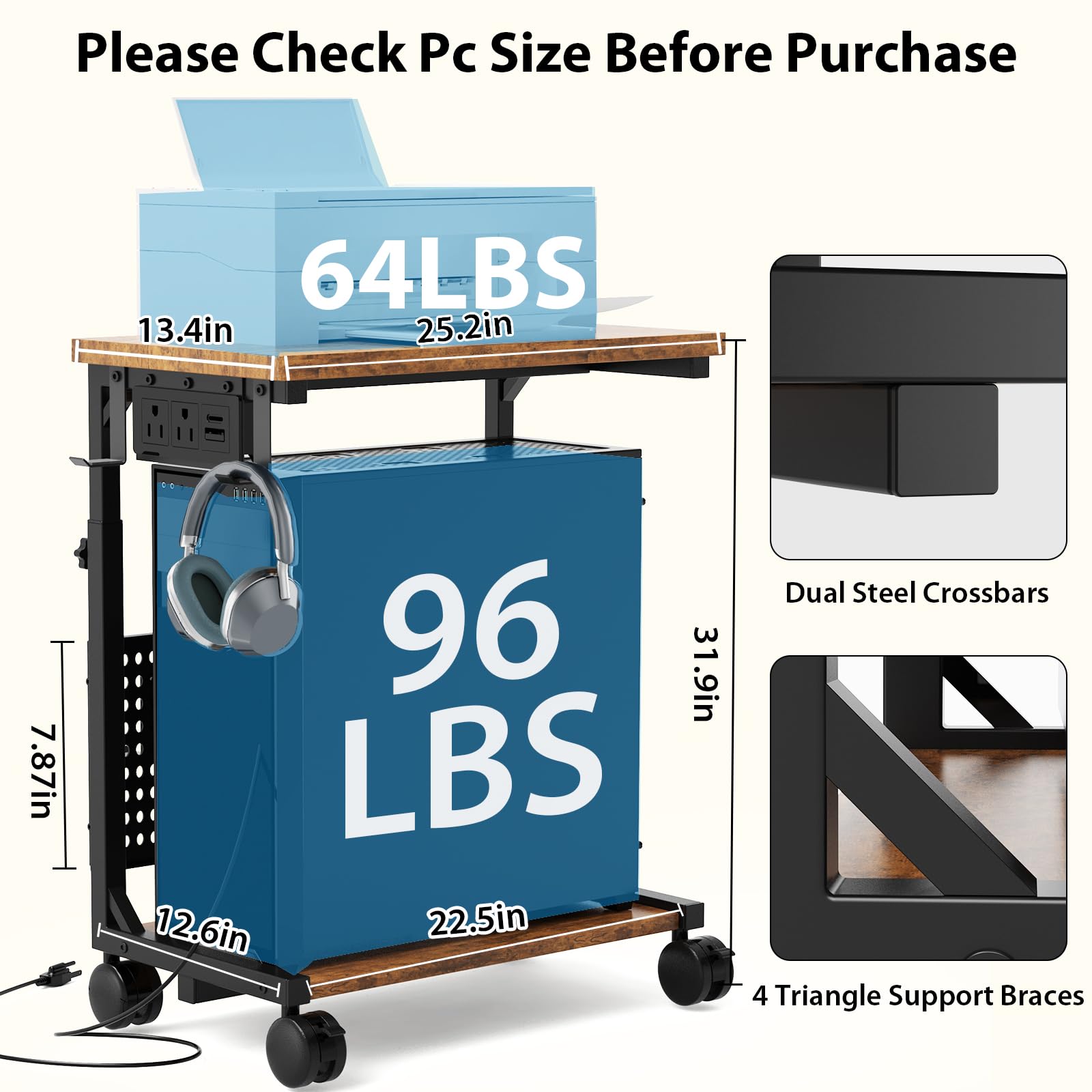 Adjustable PC Tower Stand – Computer Holder with Charging Station & Pegboard Organizer