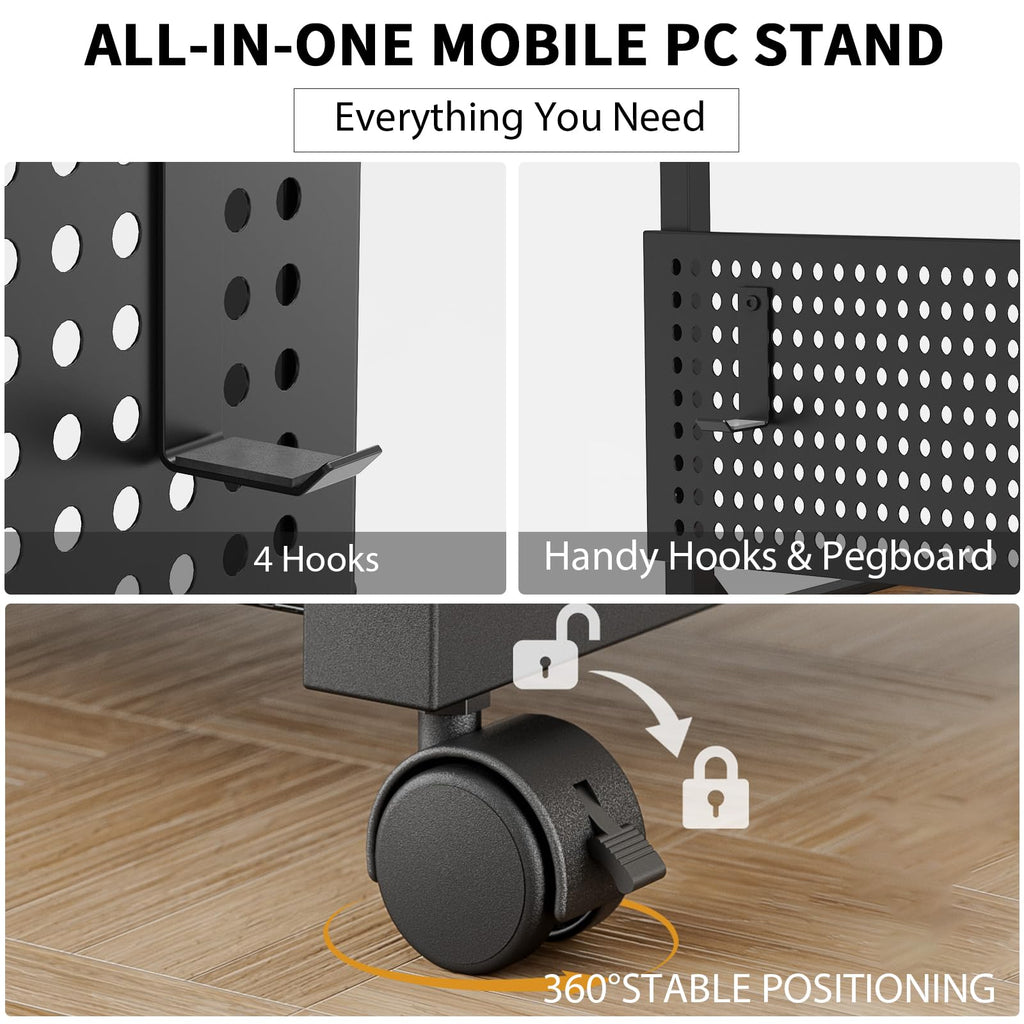 Adjustable PC Tower Stand – Computer Holder with Charging Station & Pegboard Organizer