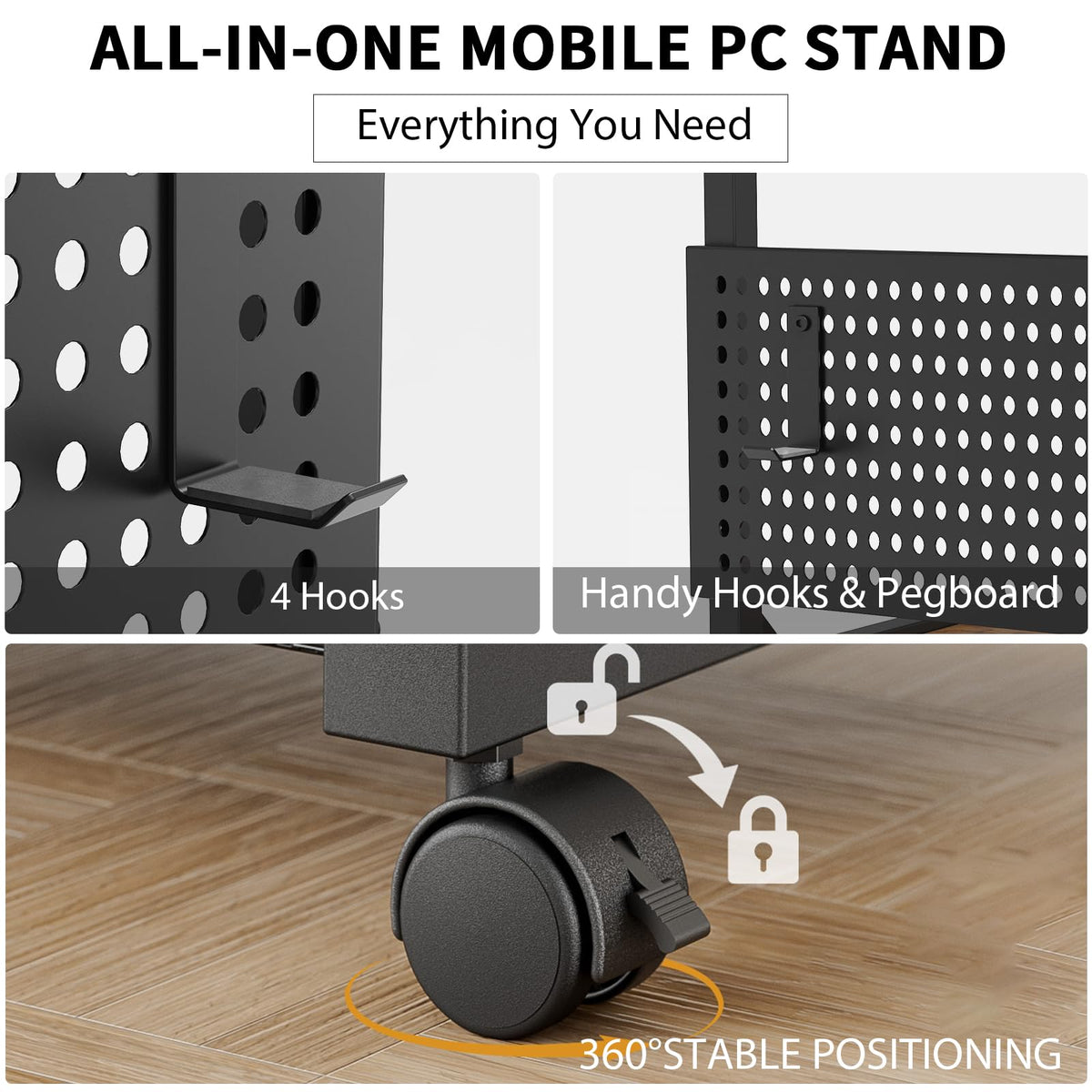 Adjustable PC Tower Stand – Computer Holder with Charging Station & Pegboard Organizer