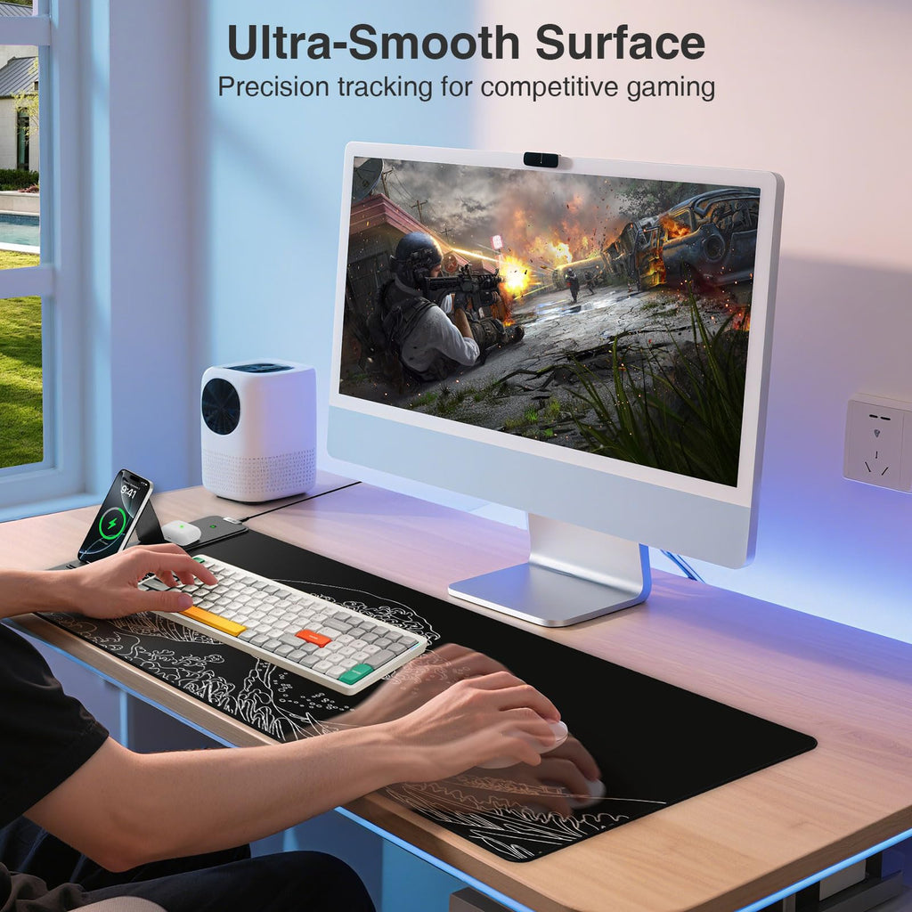 XXL RGB LED Gaming Mouse Pad – Wireless Charger, Phone Holder & 25 Lighting Effects