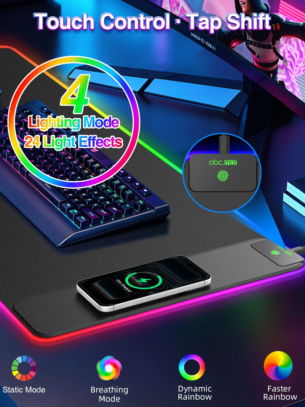 XXL RGB LED Gaming Mouse Pad – Wireless Charger, Phone Holder & 25 Lighting Effects