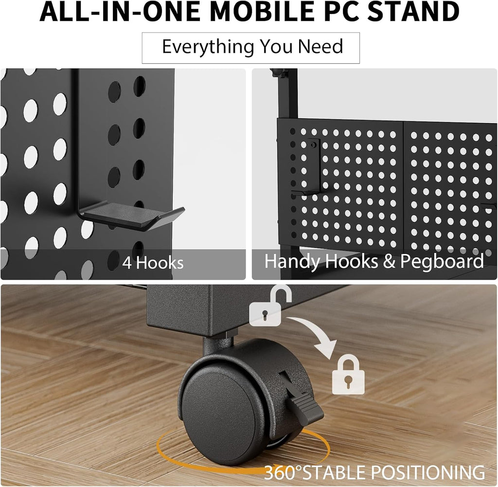 Adjustable PC Tower Stand – Computer Holder with Charging Station & Pegboard Organizer