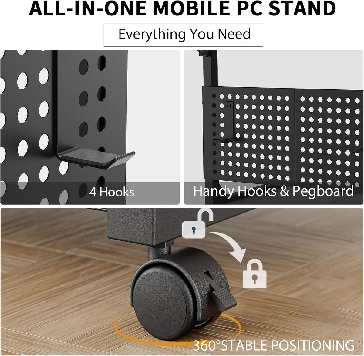 Adjustable PC Tower Stand – Computer Holder with Charging Station & Pegboard Organizer