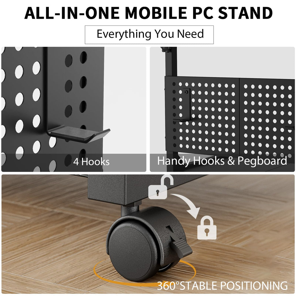 Adjustable PC Tower Stand – Computer Holder with Charging Station & Pegboard Organizer
