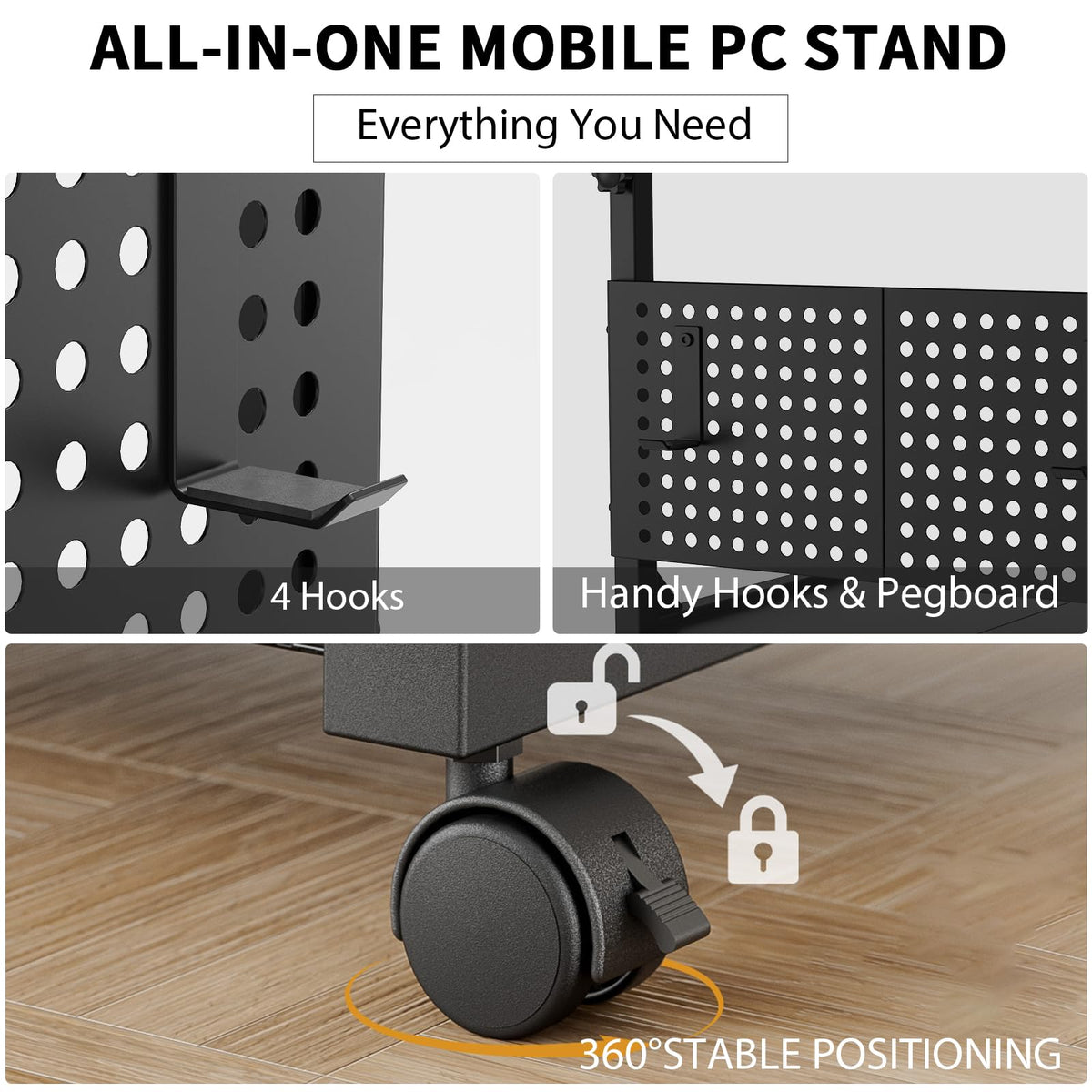Adjustable PC Tower Stand – Computer Holder with Charging Station & Pegboard Organizer